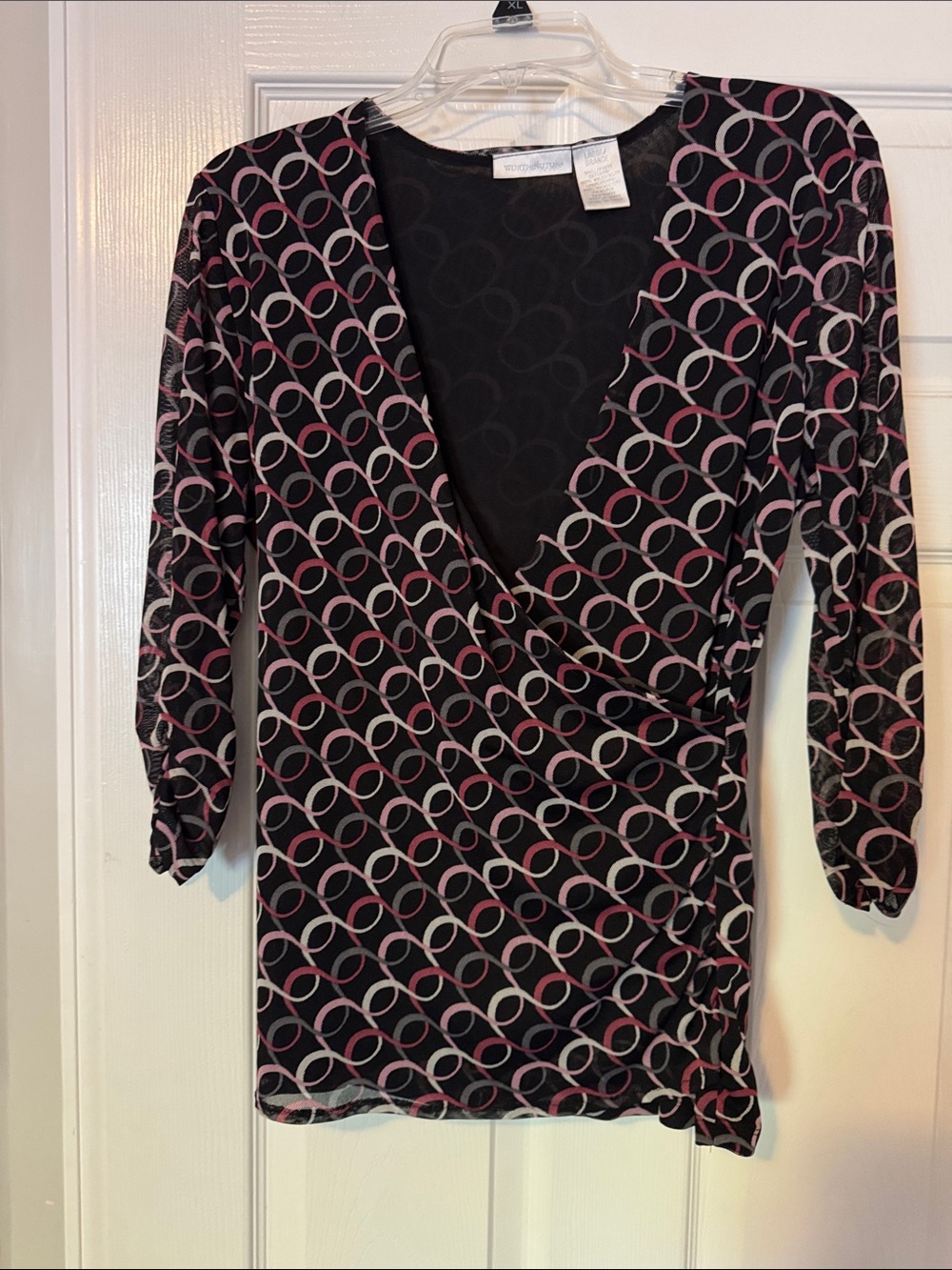 Worthington Black V-Neck Wrap top with Pink & White Ring Print